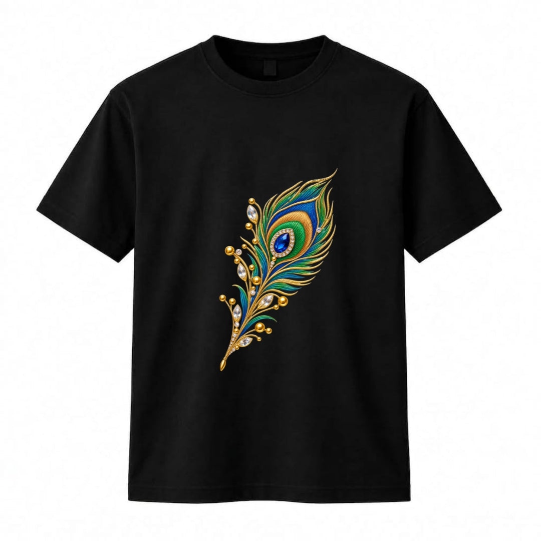 Jeweled Peacock Feather Graphic T-Shirt | 200 GSM Jet Black Streetwear