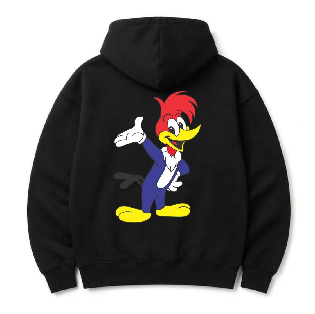 Woody Woodpecker Graphic Hoodie – Unisex Vintage Cartoon Fleece Pullover Sweatshirt, Black