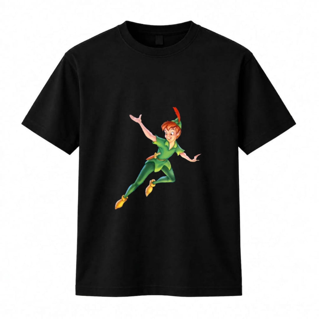 Peter Pan Flying Graphic T-Shirt – Classic Animated Streetwear Black Cotton Crewneck Tee
