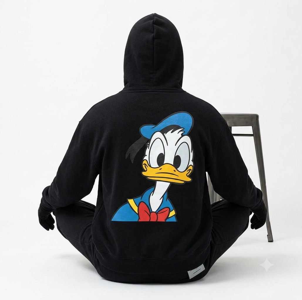The Donald Duck Classic Sailor Graphic Back-Print Pullover Hoodie pairs vintage Disney