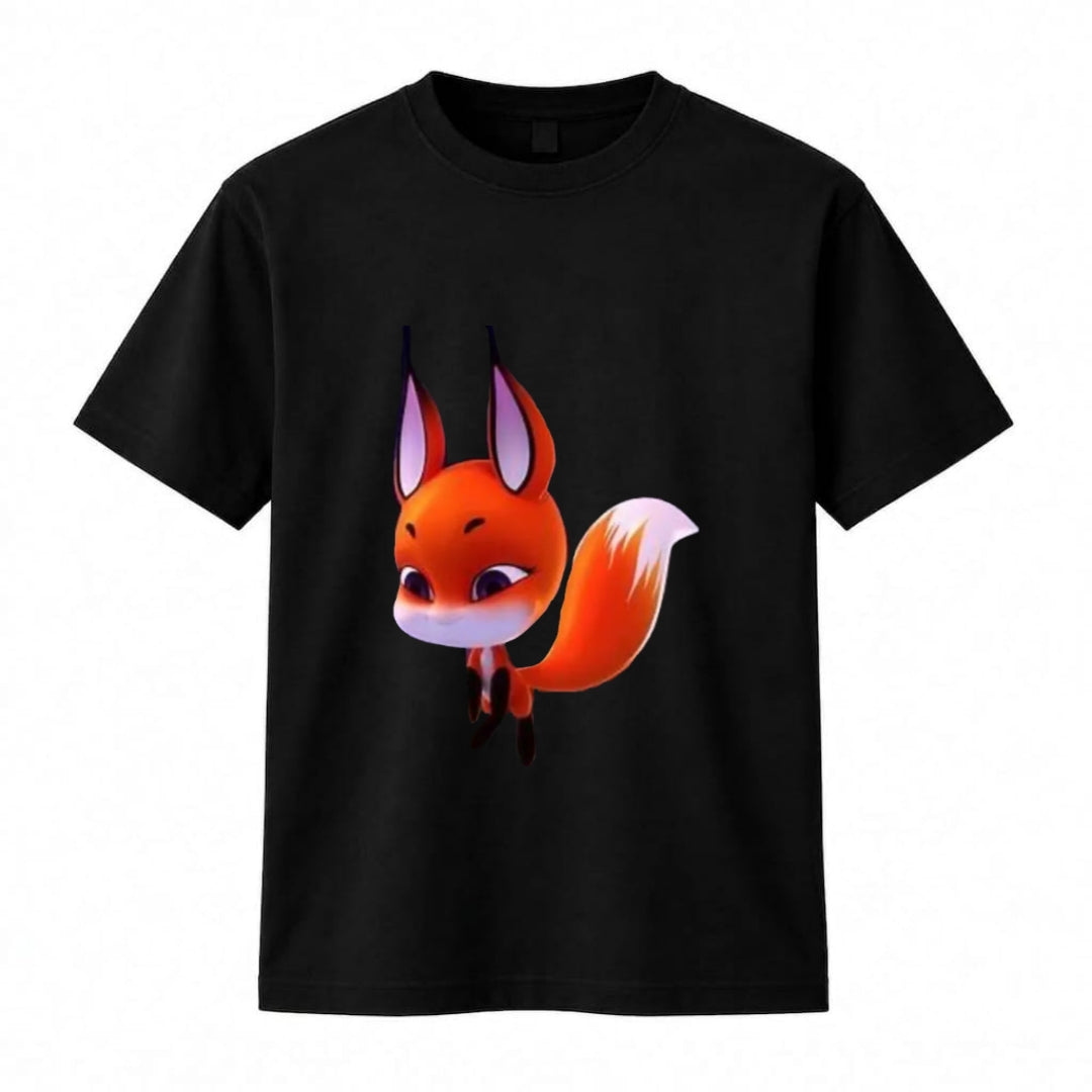 Animated Fox Graphic Print Black Crewneck Tee
