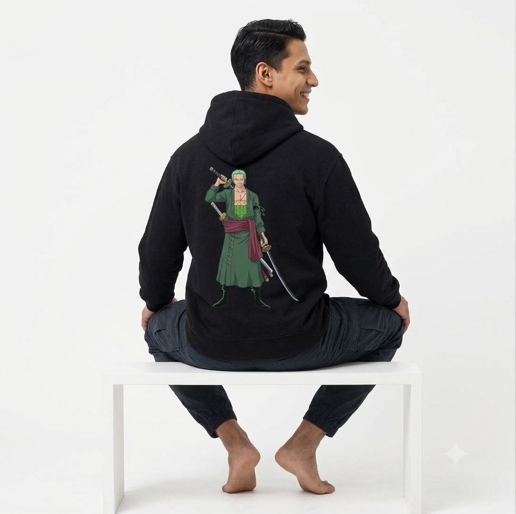 Roronoa Zoro Oversized Hoodie – 320 GSM Jet Black Streetwear