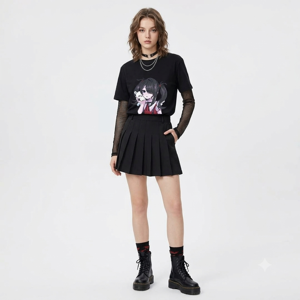 Pixel Anime Graphic Tee – Jet Black Streetwear T-Shirt | 100% Cotton
