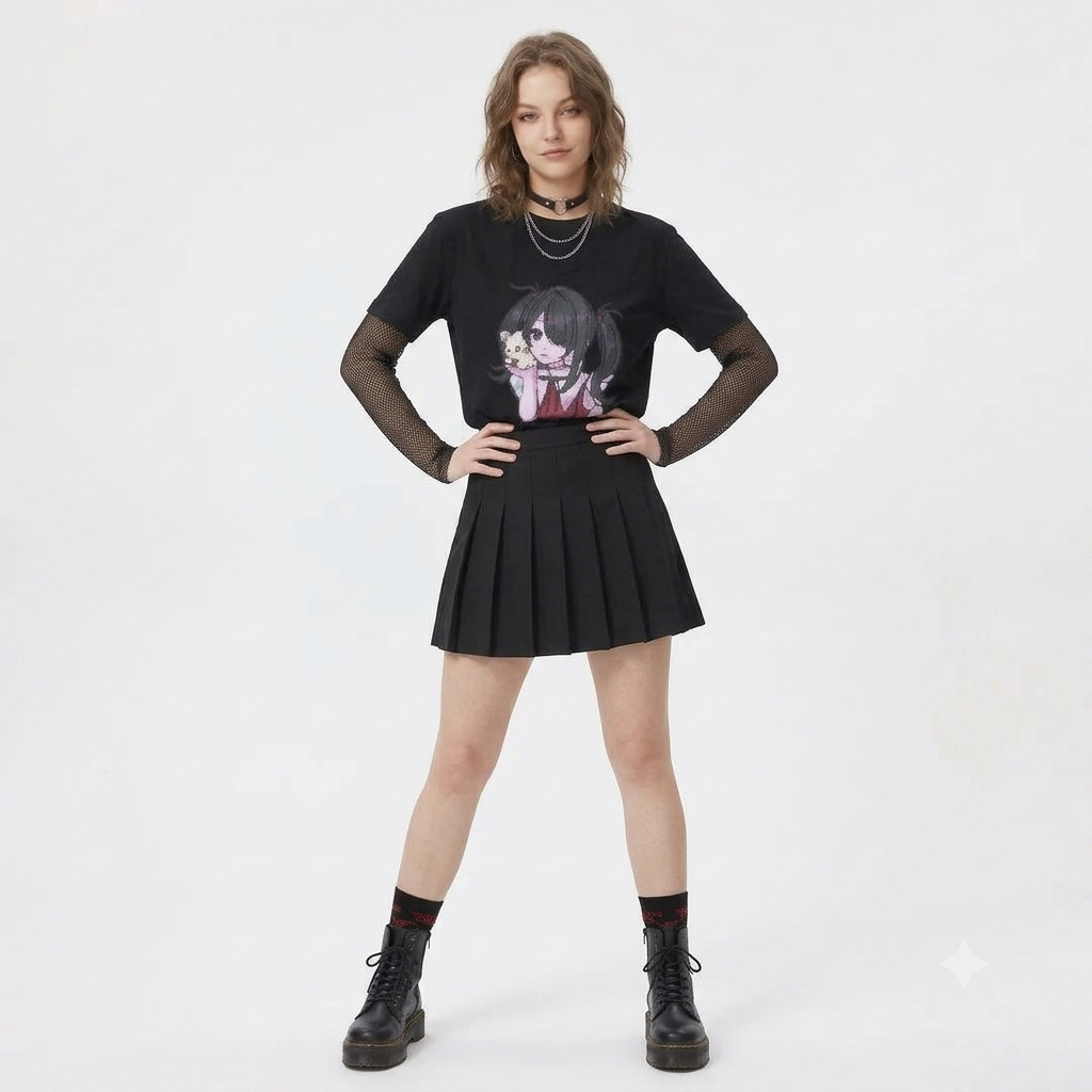 Pixel Anime Graphic Tee – Jet Black Streetwear T-Shirt | 100% Cotton