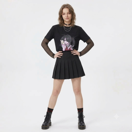 Pixel Anime Graphic Tee – Jet Black Streetwear T-Shirt | 100% Cotton