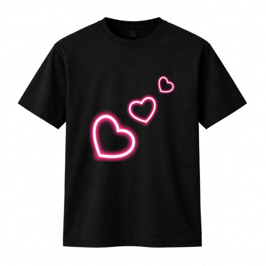 HKAY Premium Neon Hearts Jet Black 200 GSM T-Shirt