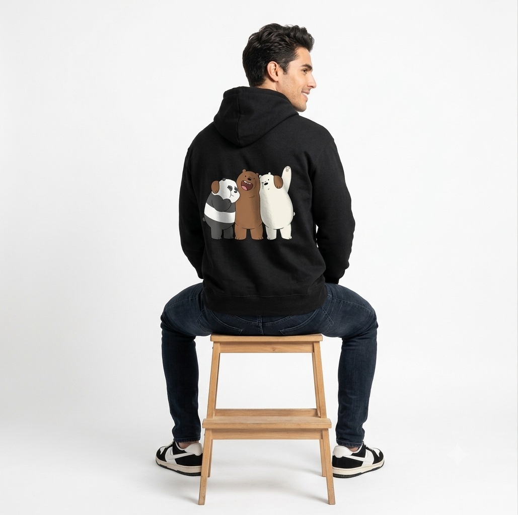 We Bare Bears Graphic Oversized Hoodie – 320 GSM Heavyweight Drop-Shoulder Streetwear Pullover (Black)