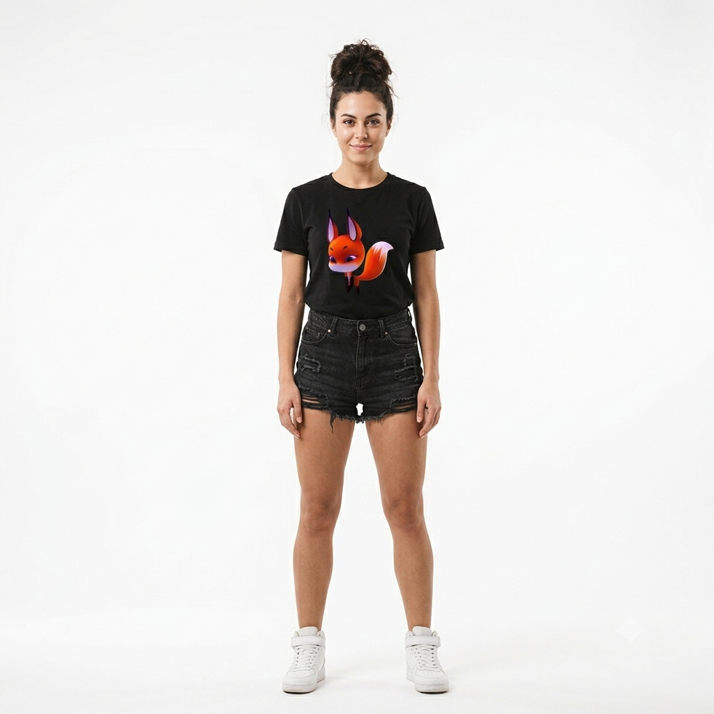 Animated Fox Graphic Print Black Crewneck Tee