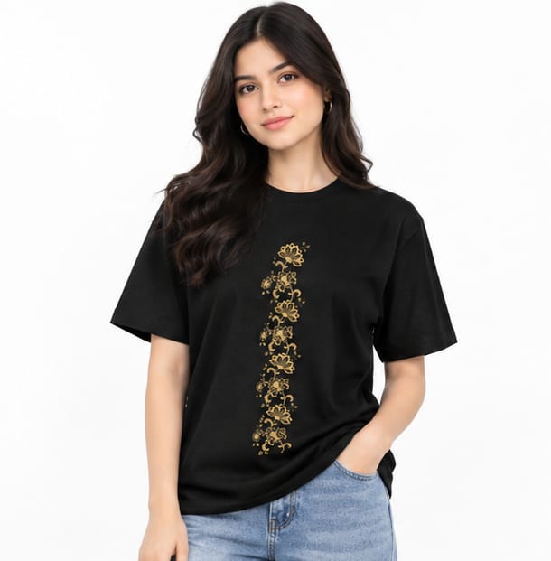HKAY Premium Gold Lotus Vine Jet Black 200 GSM T-Shirt