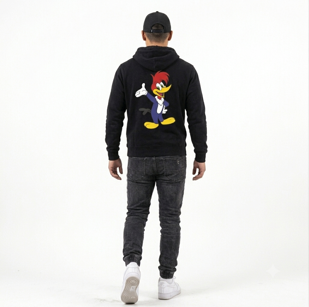 Woody Woodpecker Graphic Hoodie – Unisex Vintage Cartoon Fleece Pullover Sweatshirt, Black