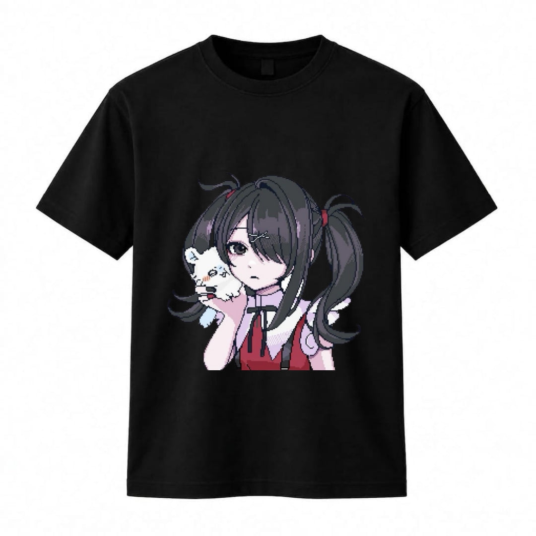 Pixel Anime Graphic Tee – Jet Black Streetwear T-Shirt | 100% Cotton