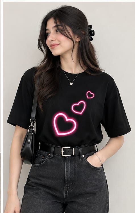 HKAY Premium Neon Hearts Jet Black 200 GSM T-Shirt