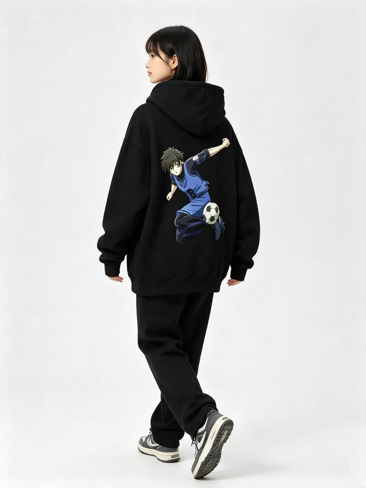 HKAY Premium Jet Black 320 GSM Anime Football Oversized Hoodie