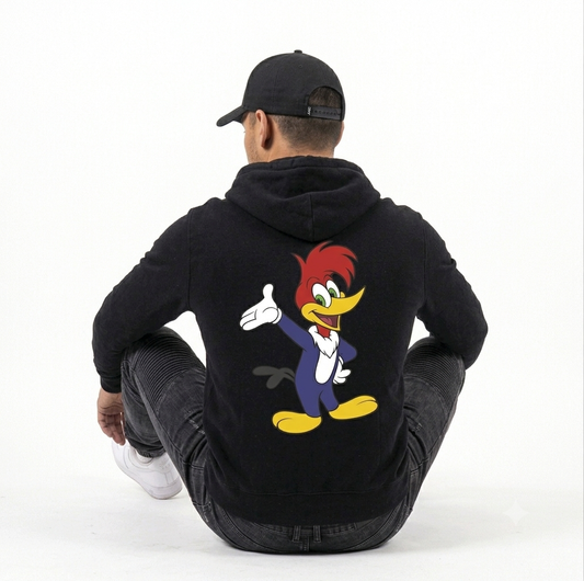 Woody Woodpecker Graphic Hoodie – Unisex Vintage Cartoon Fleece Pullover Sweatshirt, Black
