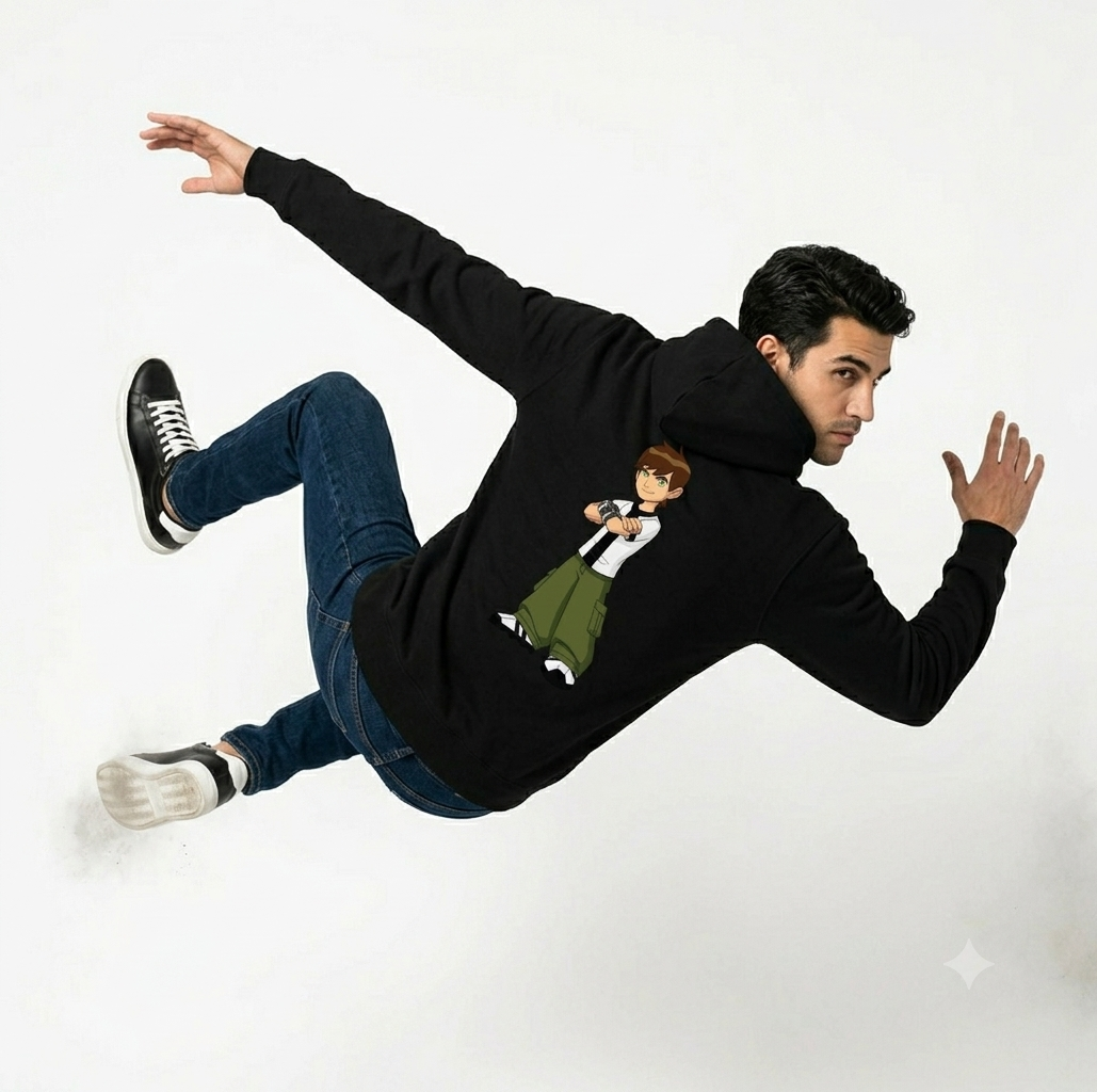 Ben 10 Ben Tennyson Graphic Back Print Hoodie – Classic Cartoon Network Black Pullover Sweatshirt