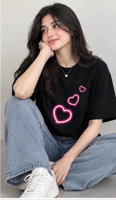 HKAY Premium Neon Hearts Jet Black 200 GSM T-Shirt